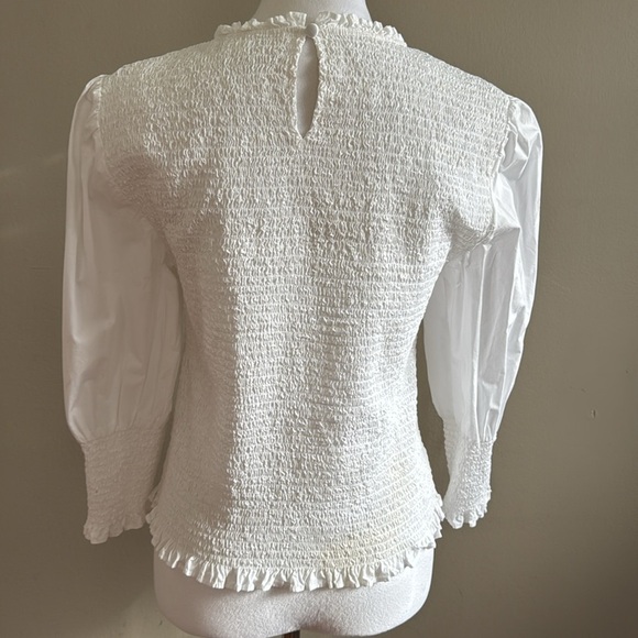 Veronica Beard Kali Smocked White Top Long Puff Sleeve Casual Blouse Size 10 - Picture 13 of 15